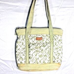 Longaberger Distressed Vintage Boho Hobo Beige with Green Floral Handbag